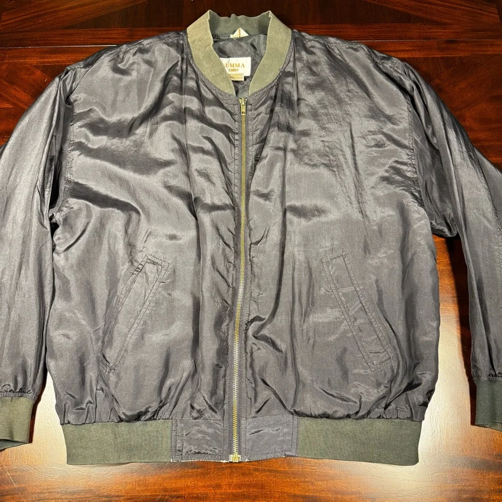 Summa 100% Silk Bomber Jacket Men's‎ Large Black Vintage Full Zip Lightweight